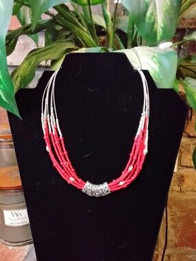 Chicos Red Multi-Strand Beaded Necklace with Silver Accents